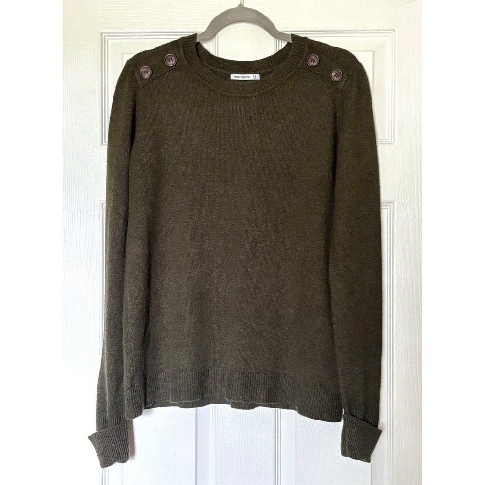 Pink Clover Womens Olive Green Button Shoulder Crewneck Sweater Size Large